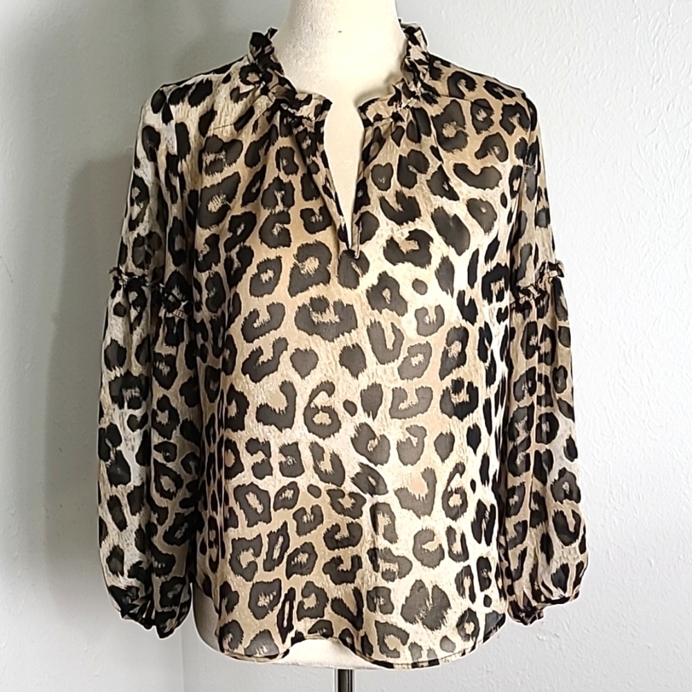 Banana Republic Leopard Print Top, Long Wide Sleeves with a Ruffle, Size XS